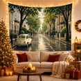 thumbnail image 3 of Vintage Car on a Rain-Slicked Tree-Lined Street, Nostalgic Illustration for City Lovers, Urban Street Art, Housewarming Gift, Tapestry Wall Hanging for Bedroom and Living Room, 3 of 7