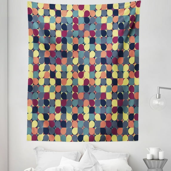 Retro Tapestry, Pastel Color Circular Shapes in Squares Mosaic Pattern Modern Geometric Illustration, Fabric Wall Hanging Decor for Bedroom Living Room Dorm, 5 Sizes, Multicolor, by Ambesonne