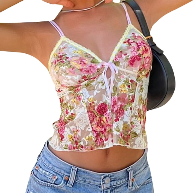 Gupgi Camisoles à Bretelles Spaghetti pour Femmes, Imprimé Floral, Col en V, Noué à l'Avant, Sans Manches, Haut Cami Ajusté, Débardeur