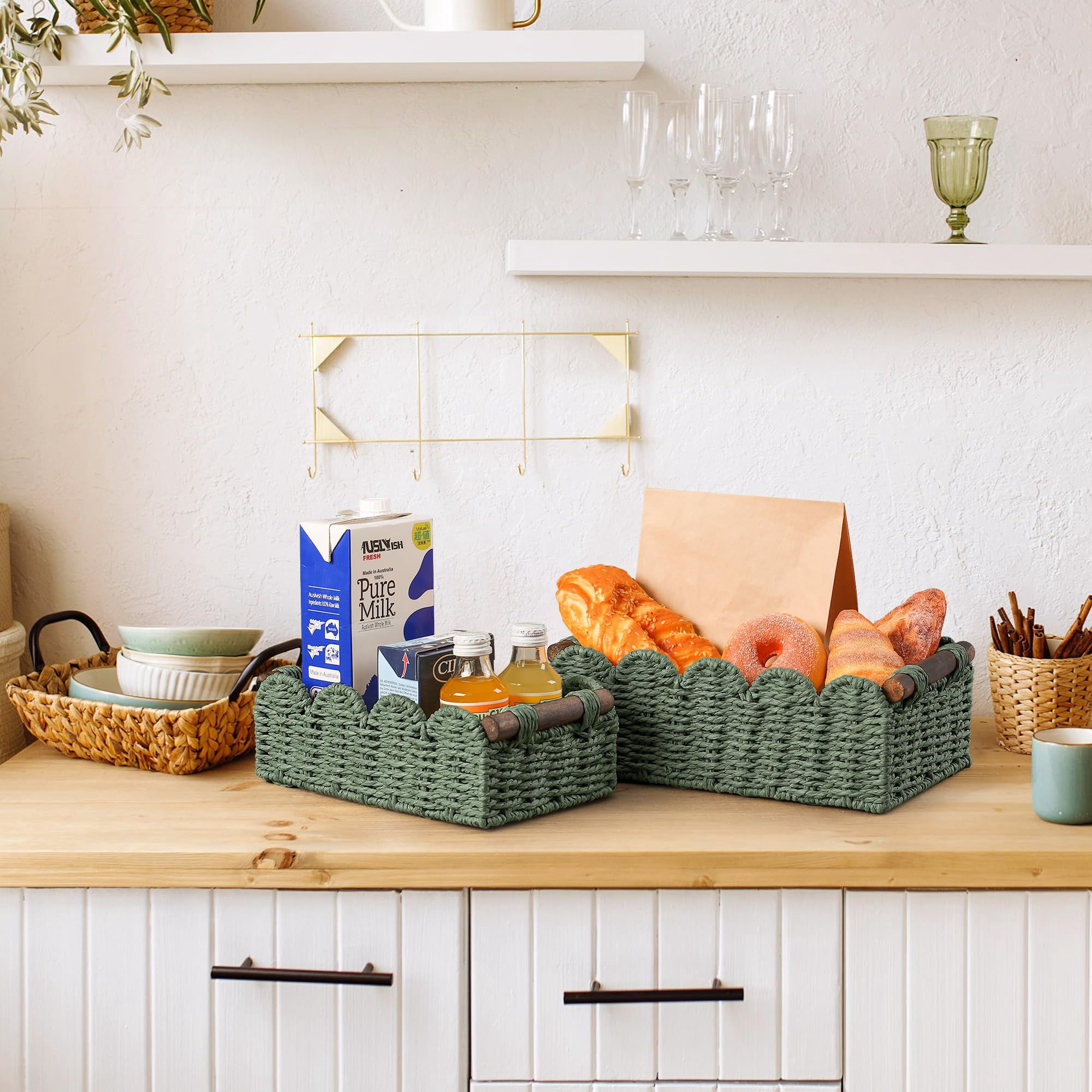 Green Wicker Storage Basket For Organizing Bathroom, Kitchen And Home Spaces
