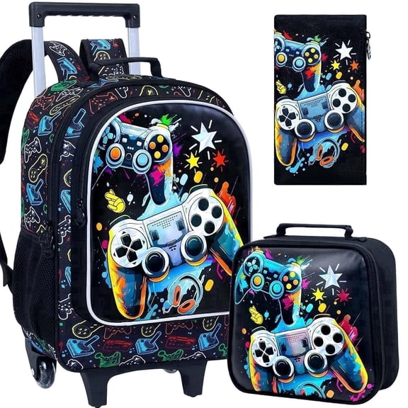 Rolling Backpack and Lunch Box Set for Kids, 3PCS Wheeled Bookbag with Matching Lunch Bag & Pencil Case, Game Rolling School Backpack for Boys Ages 5-10