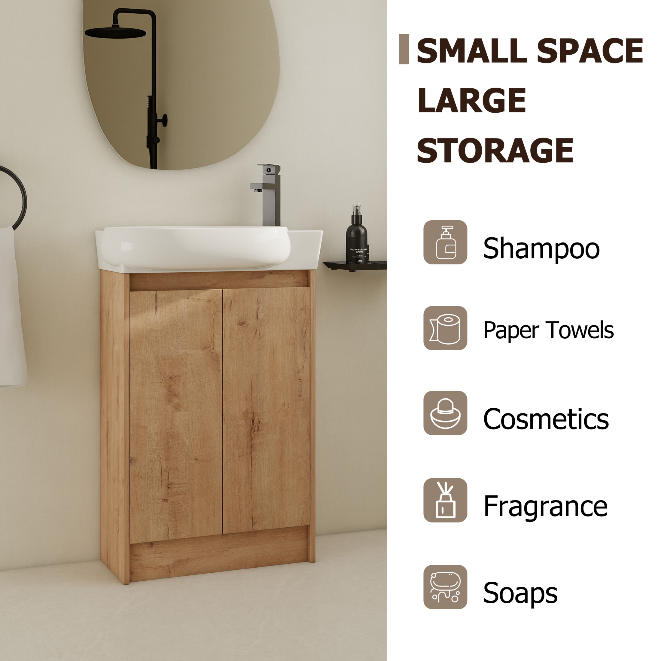 Noble House 23" Freestanding Bathroom Vanity with Sink, Soft Close Doors, Modern Storage Cabinet for Small Bathroom or Powder Room, Imitative Oak