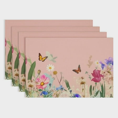 

SHERONV Table Placemats Set of 4/Table Mats Set of 4 Washable Wipeable Placemats Heat Resistant Placemats for Dining Tables Place Mats Indoor Set of 4 Pink Butterfly Floral 18x12in