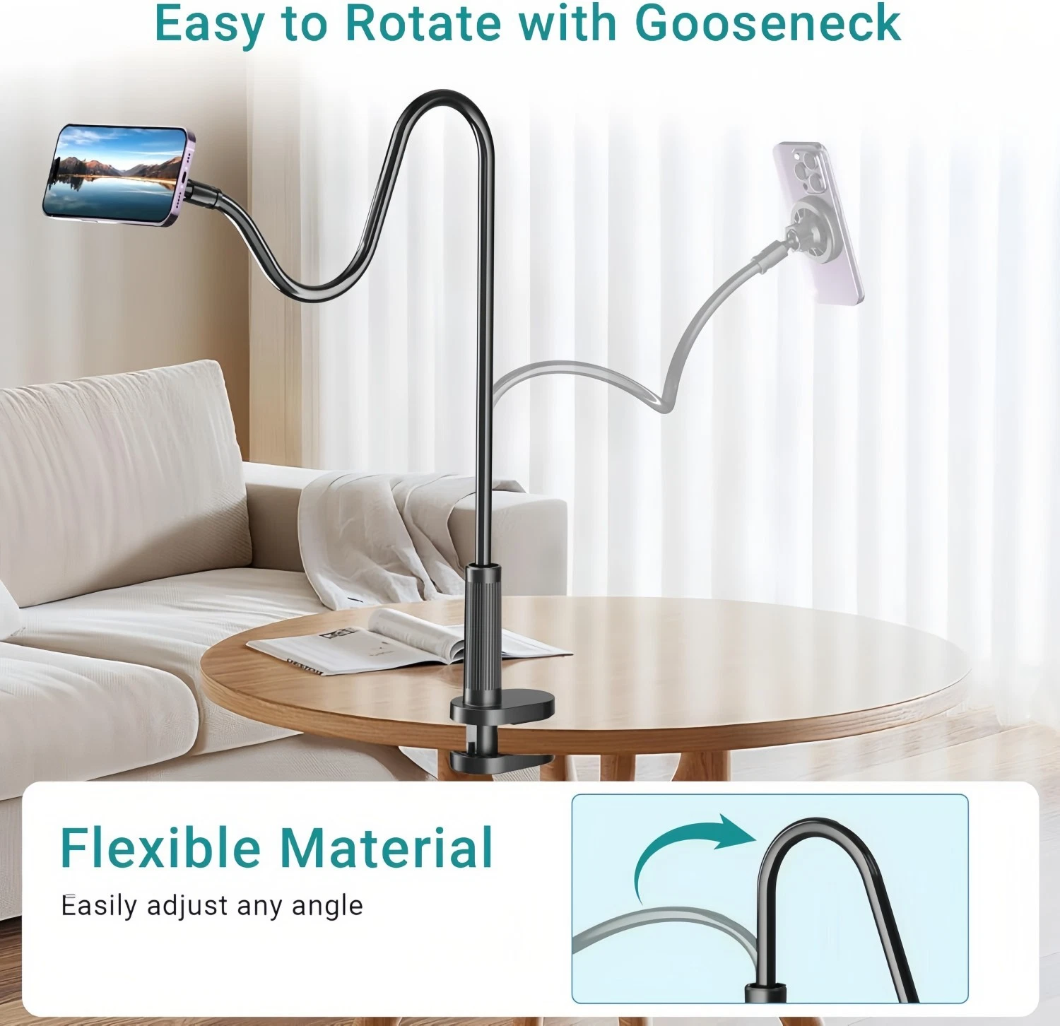 Magnetic Phone Holder For Bed Laying Down Bedside Gooseneck Stand Flexible Mount