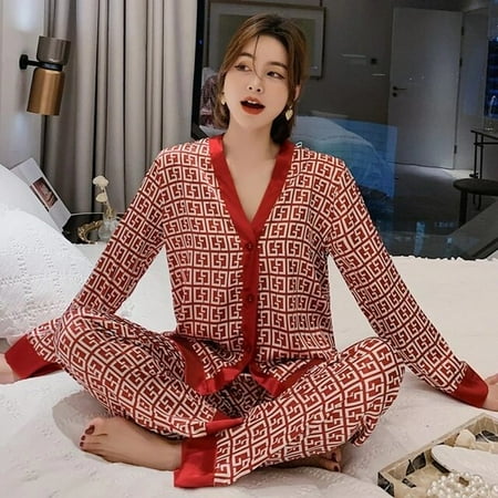 

QWZNDZGR Satin Print Pajamas Set Women s Sleepwear Sleep Tops And Pants Pyjamas Woman Home Clothing 2PCS Nighty Comfy Home Wear Suits