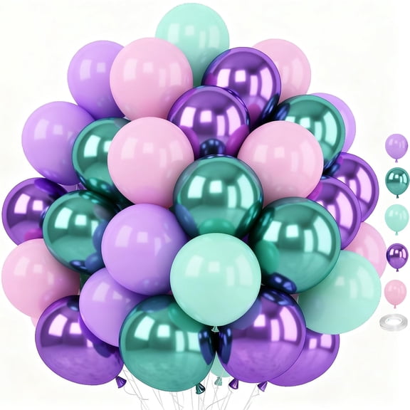 60pcs 12 inch Purple Pink Teal Balloons, Metallic Green Purple Latex Balloons for Girls Birthday, Baby Shower Party Decorations