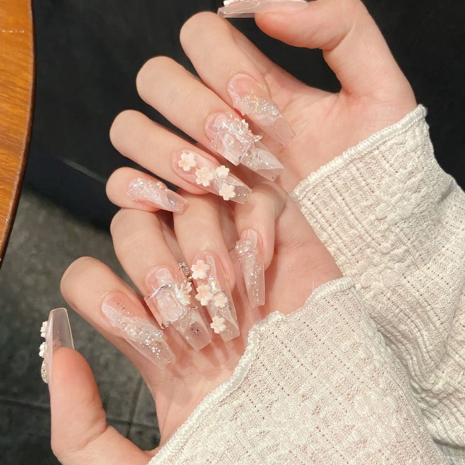 10pcs Gentle Light Pink Handmade False Nails 3D Sweet Peach Flower Crystal Decor Press ON Nails Spring Summer Reusable Fake Nail