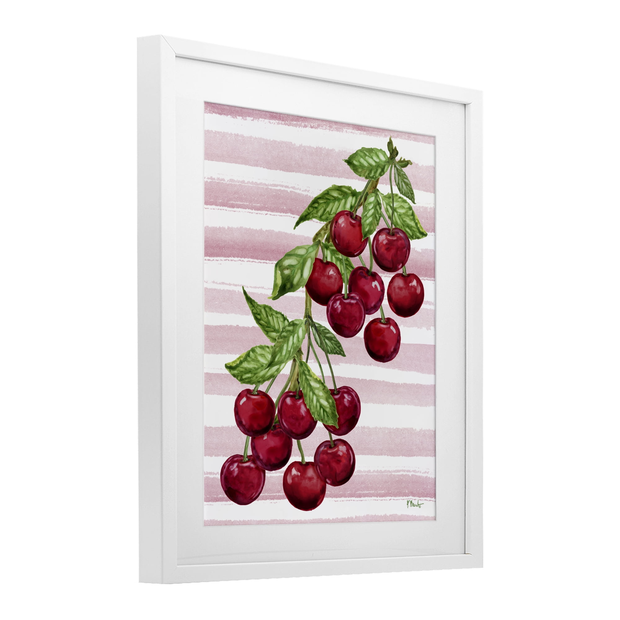 Stupell Industries Juicy Cherry Vine on Stripes White Framed Print Under Glass, design by Paul Brent