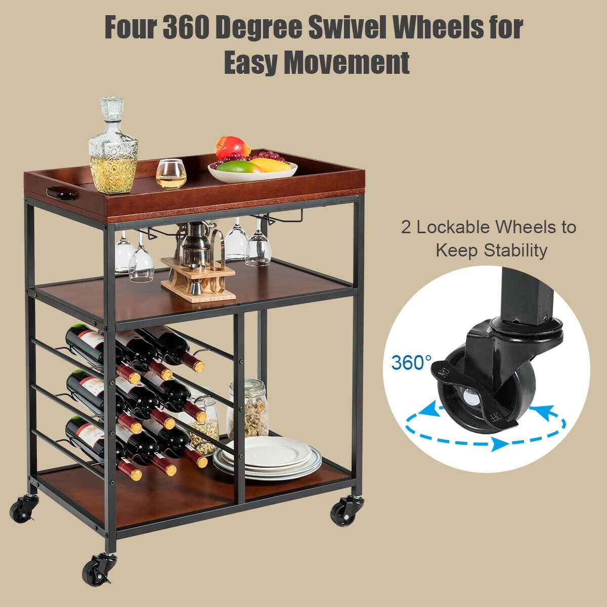 Gymax 3 Tier Storage Kitchen Trolley Bar Serving Cart w/Wine Rack & Glass Holder