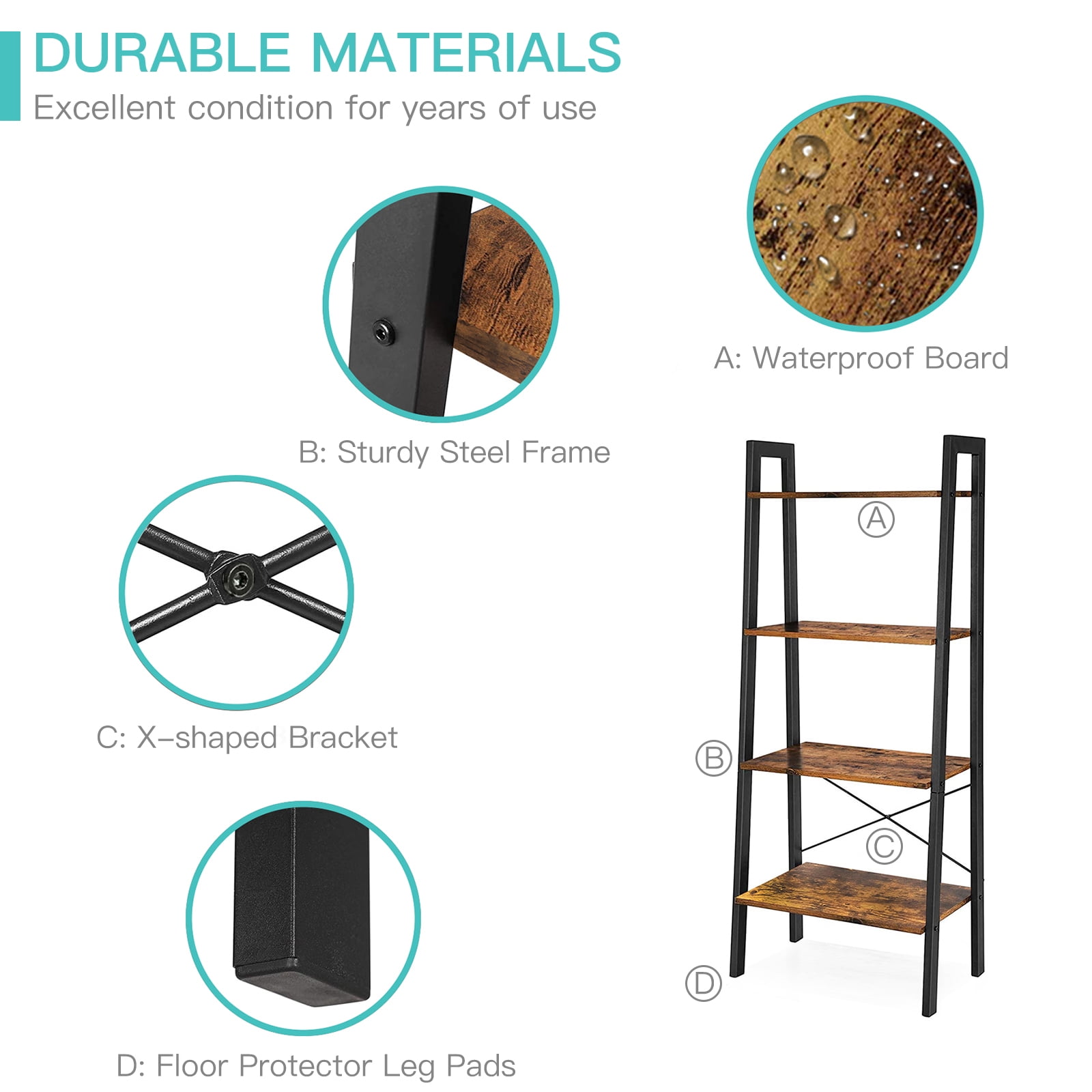 Resenkos Freestanding 4-Tier Ladder Bookshelf Open Shelving Unit Floor Bookcase with Steel Frame Rustic, Brown and Black Resenkos Freestanding 4-Tier Ladder Bookshelf Open Shelving Unit Floor Bookcase with Steel Frame Rustic, Brown and Black