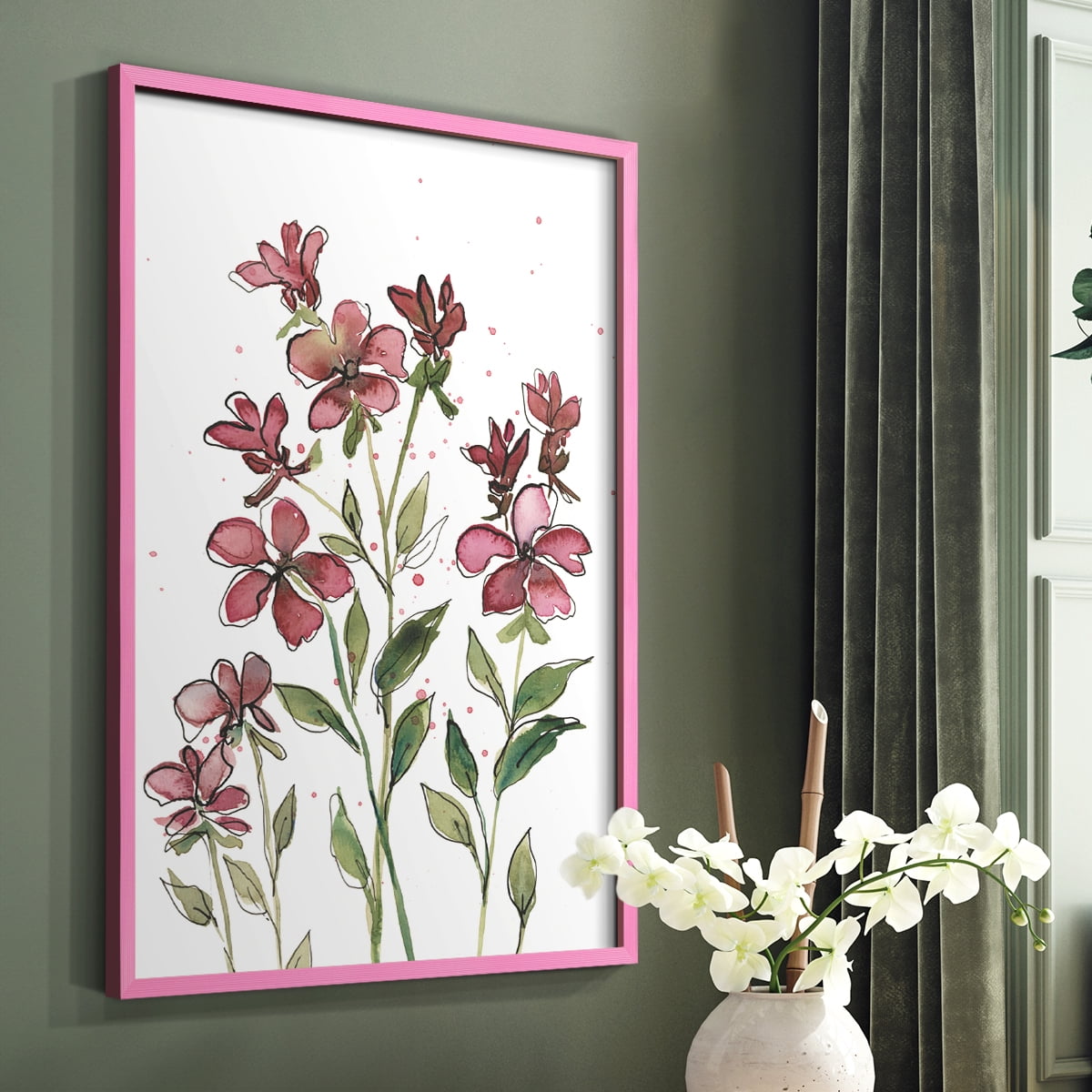 Watercolor Floral Stems II Framed Print in Pink Solid Wood 8 x 10 Framed Print