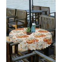 Fall Tablecloth with Umbrella Hole and Zipper White Orange Pumpkin Round Outdoor Tablecloths 60 Inch Table Cloths Maple Leaves Thanksgiving Patio Table Cloth Cover for Holiday Party Picnic Yard Garden