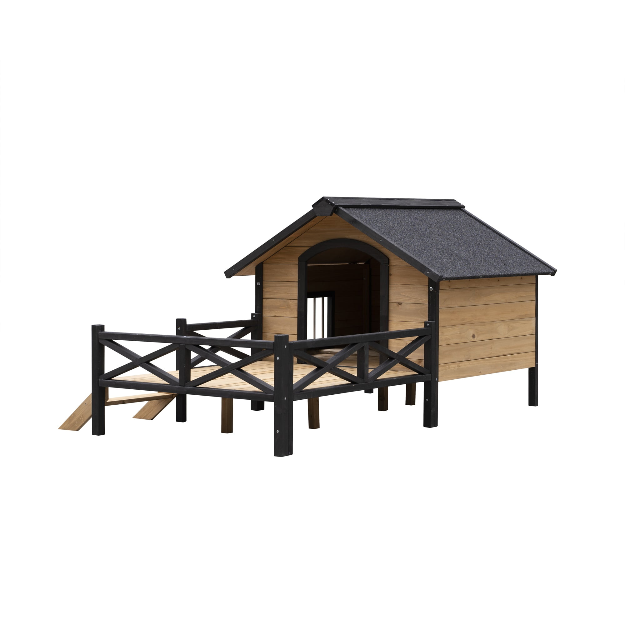 Pefilos 66" Outdoor Dog House, Large Wooden Dog Kennel with Porch, Cabin House Style Pet Houses for Cats, Brown Pefilos 66" Outdoor Dog House, Large Wooden Dog Kennel with Porch, Cabin House Style Pet Houses for Cats, Brown