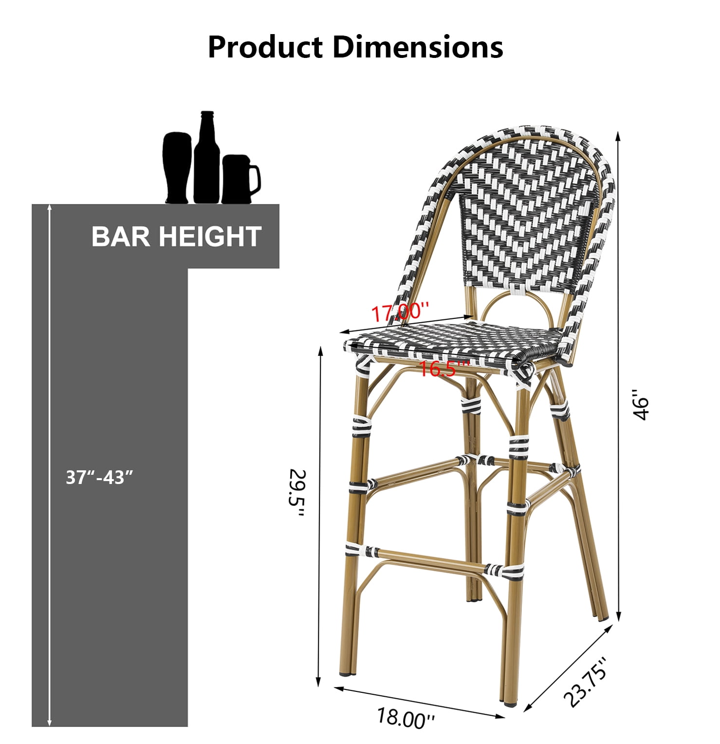 Ensemble de 4 tabourets de bar d'extérieur Noble House, tabourets de bar français en rotin PE, noir et blanc