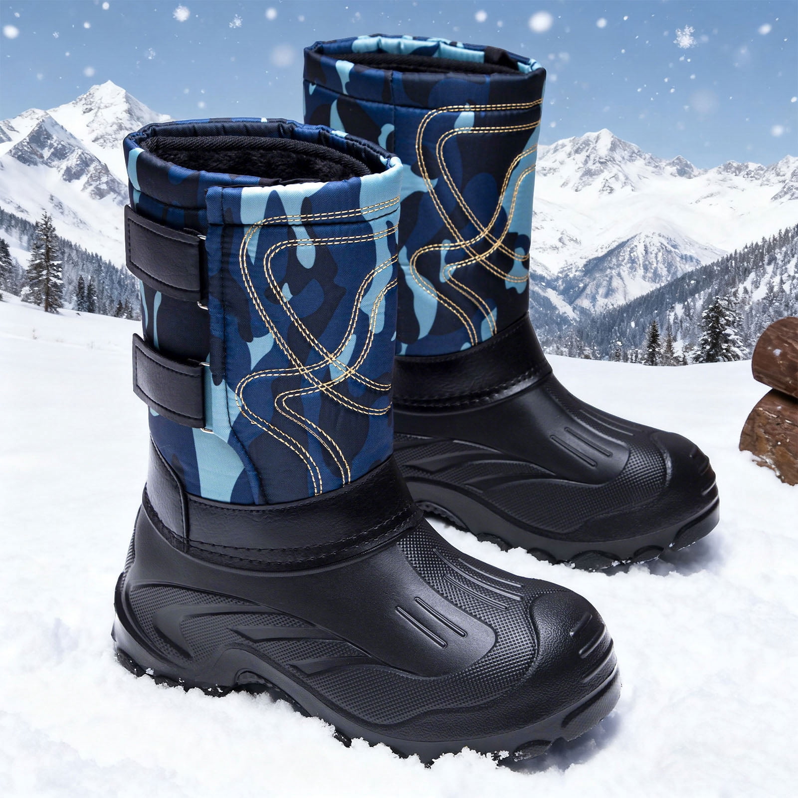 Camo Winter Boots for Men Waterproof Insulated High Top Hook and Loop Snow Booties Anti-Slip Hiking Shoes