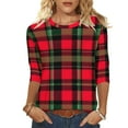 thumbnail image 2 of Amidoa Plaid Womens Tops Christmas Boat Neck Red 3/4 Sleeve Blouses Graphic Going Out Tee Shirts for Women L, 2 of 7