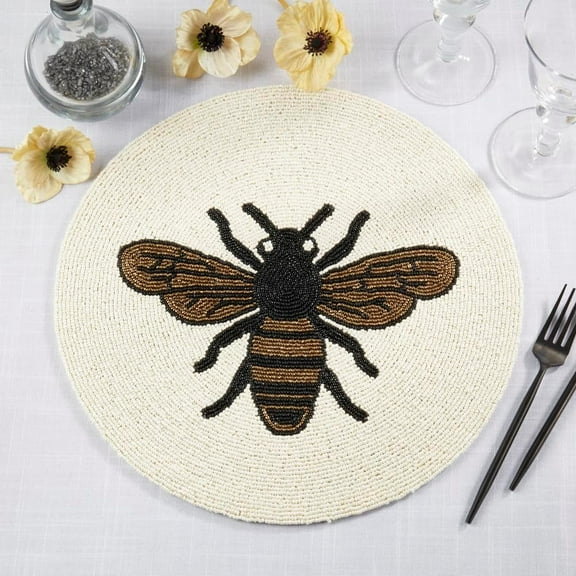 Fennco Style Beaded Honeybee Placemat 15" Round, 1-Piece - Gold Handmade Glam Table Mat for Home Décor, Family Gatherings, Birthdays and Special Events
