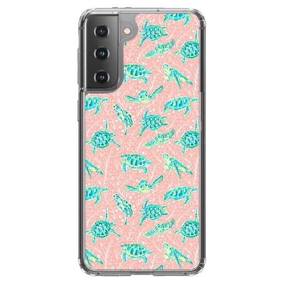 DistinctInk Clear Shockproof Hybrid Case for Galaxy S21  PLUS 5G (6.7" Screen) - TPU Bumper, Acrylic Back, Tempered Glass Screen Protector - Preppy Pattern - Turtles on Pink Background