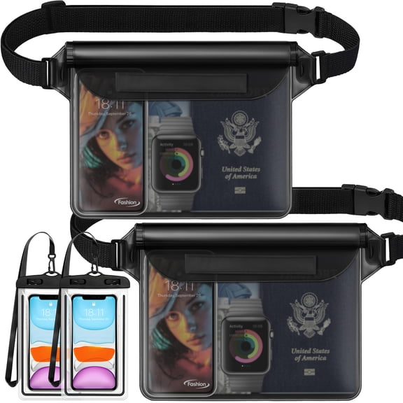 Livhil Waterproof Dry Bag and Waterproof Cell Phone Bag for Outdoor Water Sports Paddle Waterproof Pouch Bag Case (2 * Phone Case(Clear) 2 * Fanny Pack(Black))