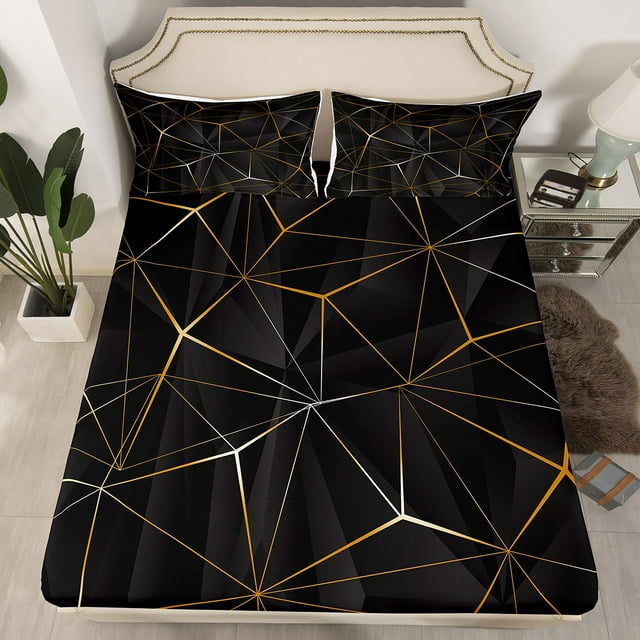 YST Geometric Bedding Set, Geometry Irregular Diamond Pattern Fitted Sheet For Kids Teens Adult Bedroom, Lightweight Microfiber Bed Sheets Abstract Triangle Sheets(Black Yellow, Full)