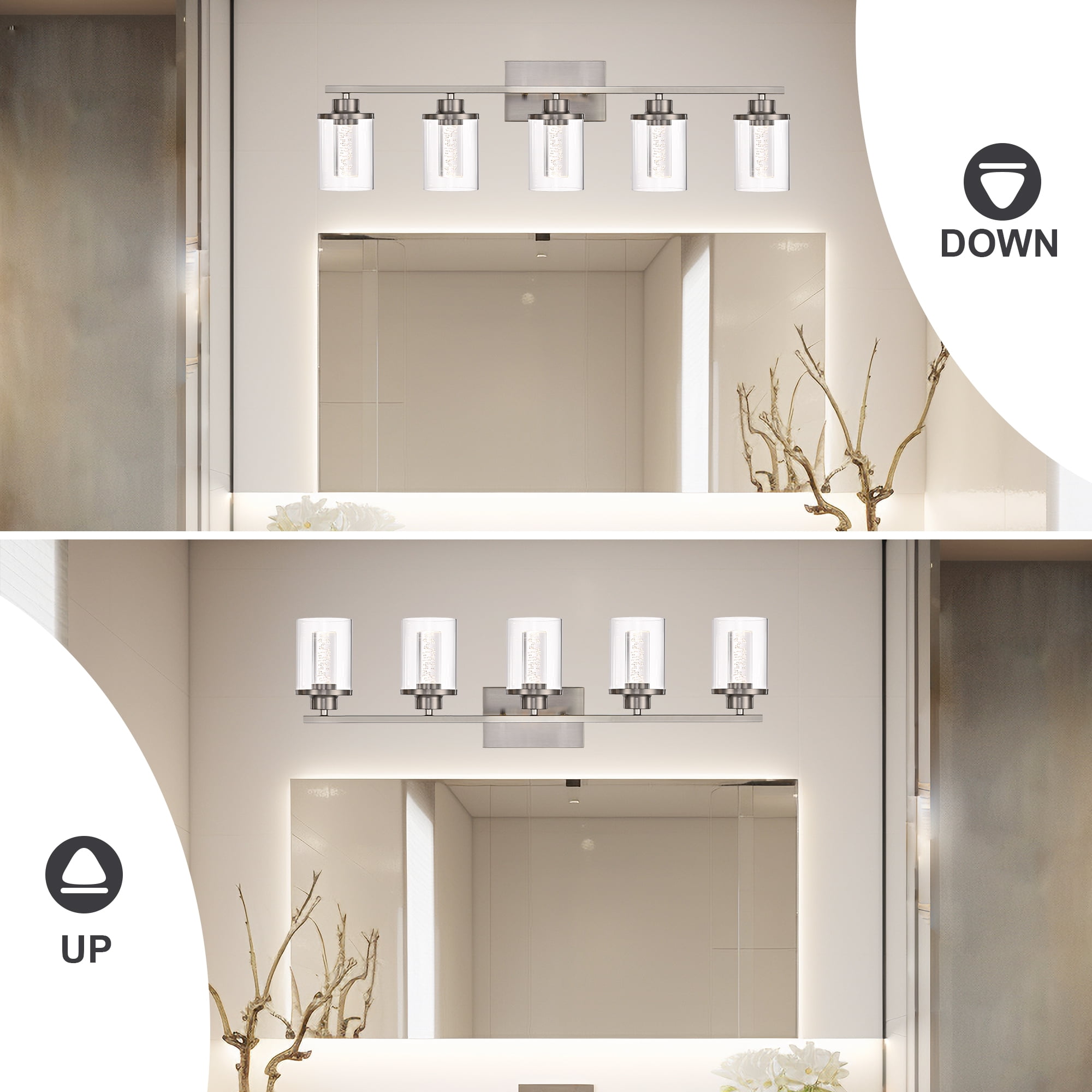 Melucee 5CCT Dimmable LED Brushed Nickel Vanity Lights 5-light, Modern Vanity Lighting Fixtures with Crystal Light Columns and Clear Glass for Bathroom Bedroom