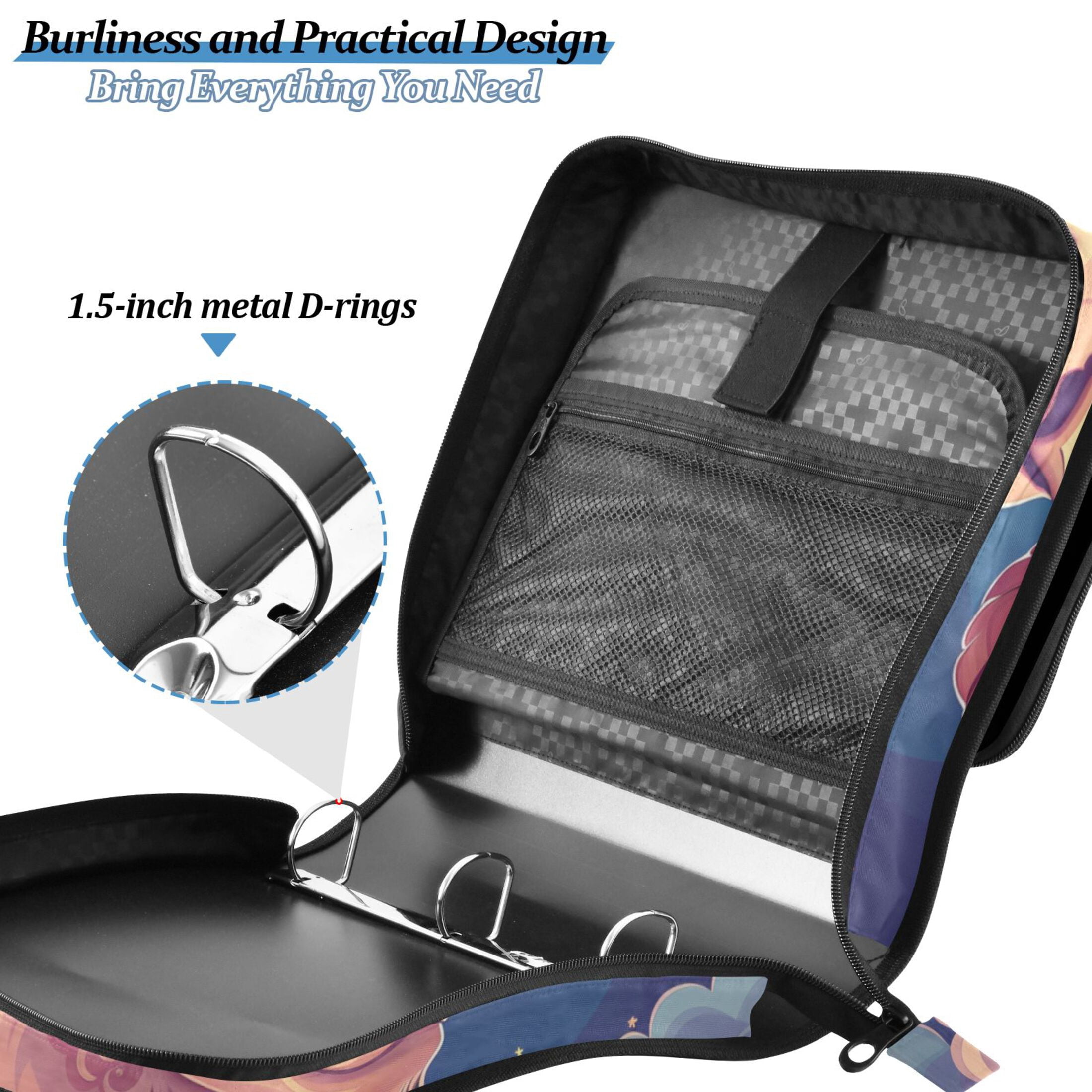 3 Ring Zipper Binder with Shoulder Strap Waterproof Trapper Keeper 2 Inch D-Ring 500 Sheets Capacity Cartoon Sheep Lie on Cloud