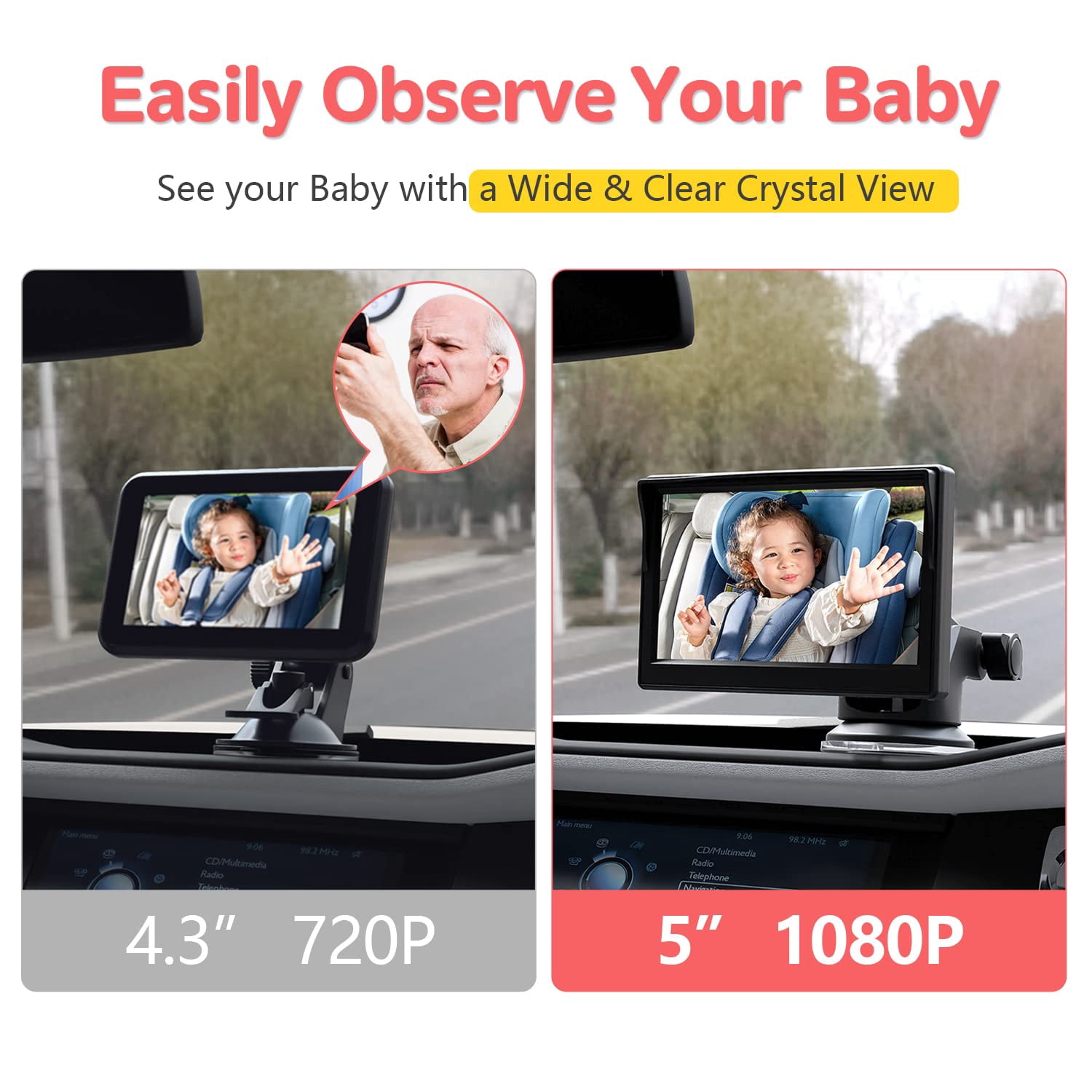 Baby Car Camera,Dual Channel 5''HD IPS Display with 2 IR Night Vision Monitor,Baby Car Mirror 1080P