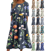 Summer Dresses for Women Vacation Half Sleeve Fashion Casual Floral Dress Flowy A Line Maxi Dress Crew Neck Boho Beach Sundress with Pockets