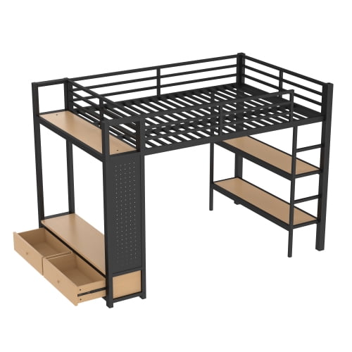 Euroco Full Size Loft Bed with Built-in Desk, Shelves and Wardrobe, Solid Bed with Bookcase and Pegboard for Kids Teens Bedroom, Black