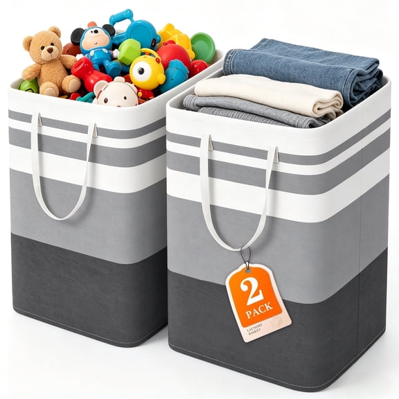 2 Pack Laundry Baskets, Collapsible Clothes Hamper, Freestanding Waterproof Dirty Clothes Hamper with Easy Carry Handles in Laundry Room, College Dorm, Bathroom, Bedroom 75L Gray