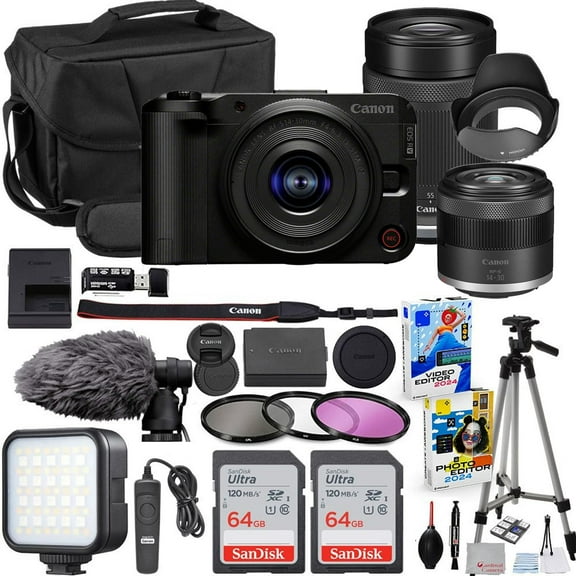 Canon EOS R50 V Mirrorless Camera with 14-30mm & 55-210mm Lens Bundle   Canon DM-E100 Microphone   2X 64GB Memory Cards   Accessory Kit Including Shoulder Bag, LED Light, Software & More