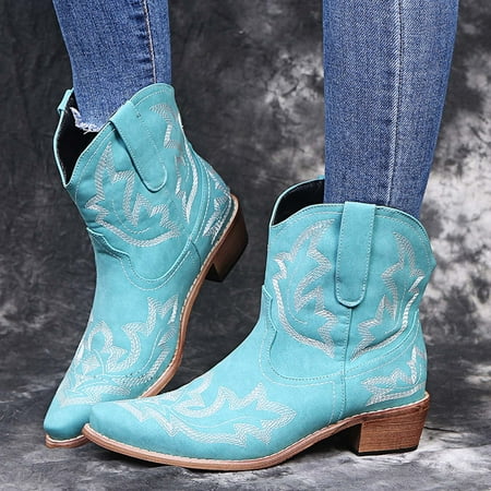 

Zunfeo Women Faux Leather Boots- Low-heeled Pointy Toe Comfy Cowboy Boots Vintage Solid Boots Christmas Gifts Clearance Blue 8