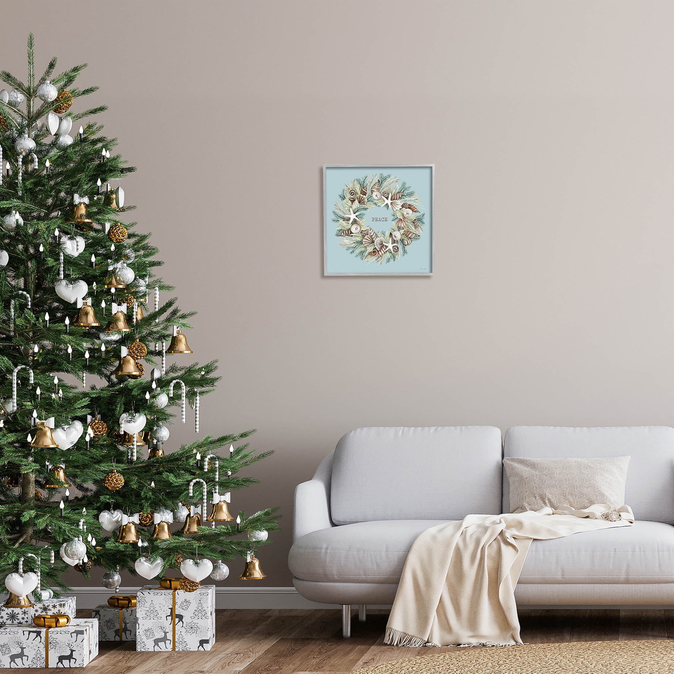 Coastal Holiday Peace Wreath Holiday Graphic Art Gray Framed Art Print Wall Art