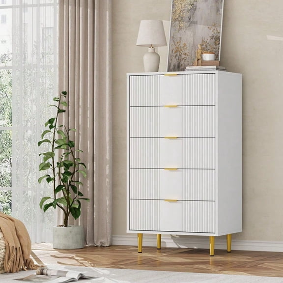 Anoncndin Fluted Dresser for Bedroom with 5 Drawers,44.25" Tall Modern Chest of Drawers with Metal Handle,Wooden Closet Clothes Storage Organizer for Living Room,Hallway