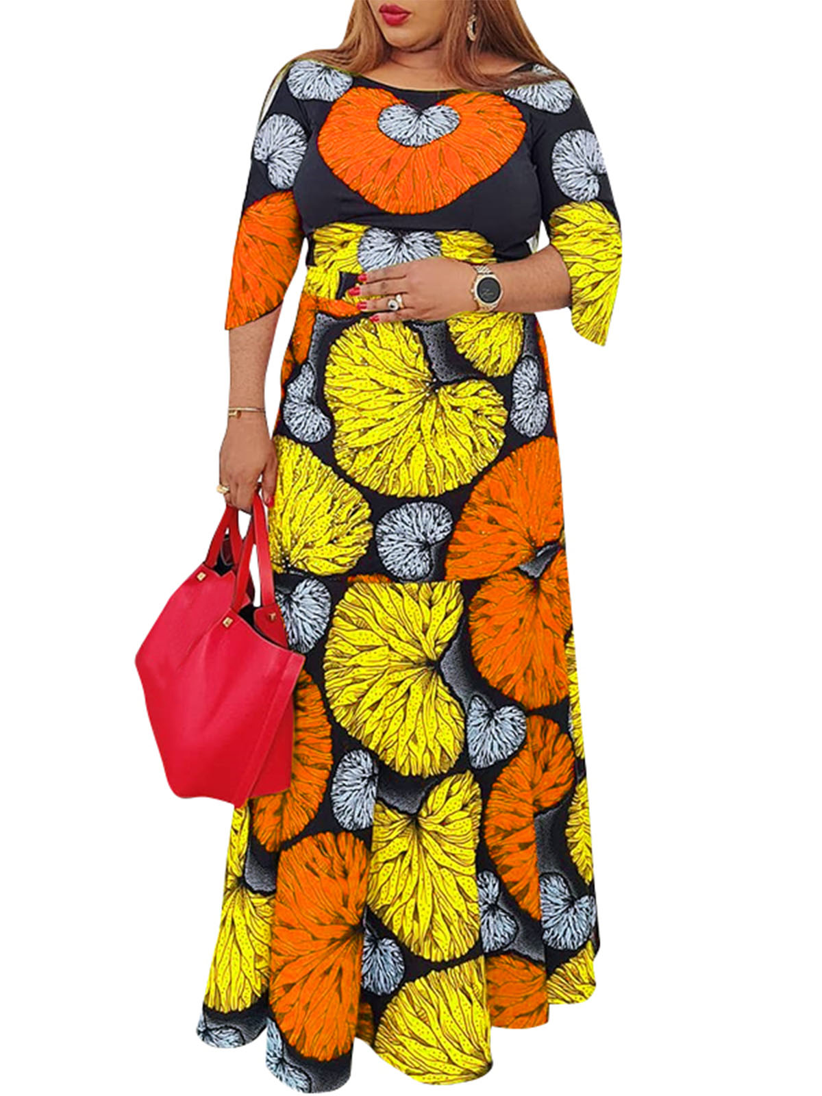 VONDA Women Round Neck Half Sleeve Long Dress Lace Up Floral Printed Maxi Dresses