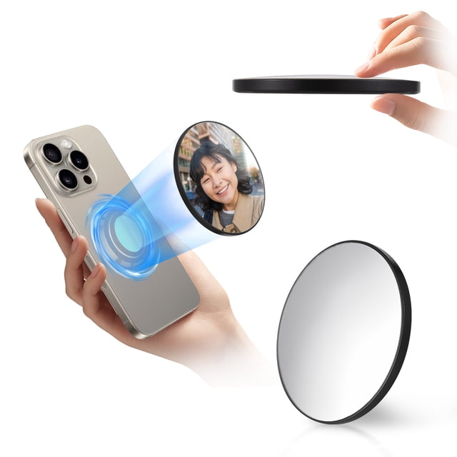 Mistaha Magnetic Selfie Mirror with Storage Box and Metal Ring for Rear Camera, Black/Silver - MS05 MagSafe Magnet Selfie Lens