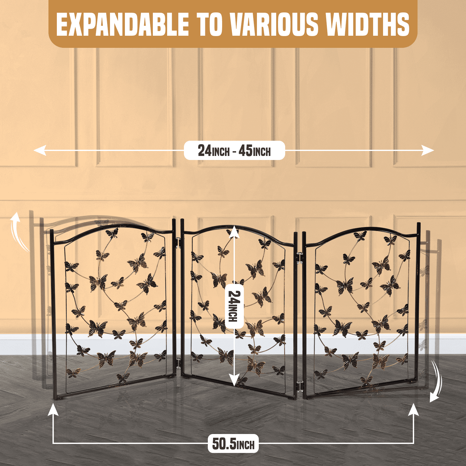 Bundaloo Freestanding Metal Folding Pet Gate, Medium, Foldable and Versatile, 24" Tall Expands Up to 45" - Black Bronze Rustic Butterfly Design