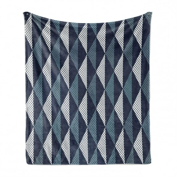 Geometric Soft Flannel Fleece Throw Blanket, Rhombuses and Dots Composition of Abstract Shapes Retro Revival, Cozy Plush for Indoor and Outdoor Use, 50" x 60", Bluegrey Dark Blue White, by Ambesonne
