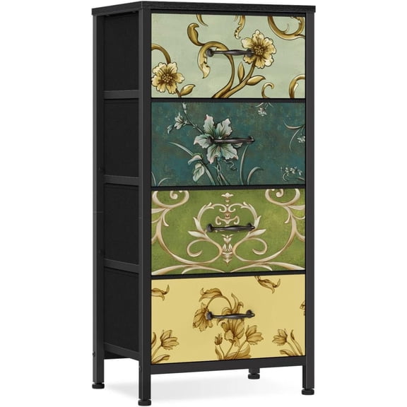 4 Drawer Dresser, Vintage Nightstand, Fabric Chest of Drawers | Vertical Dresser for Bedroom, Storage Tower Units with Fabric Drawers, Small Dressers for Closet, Retro Style, Wooden Top