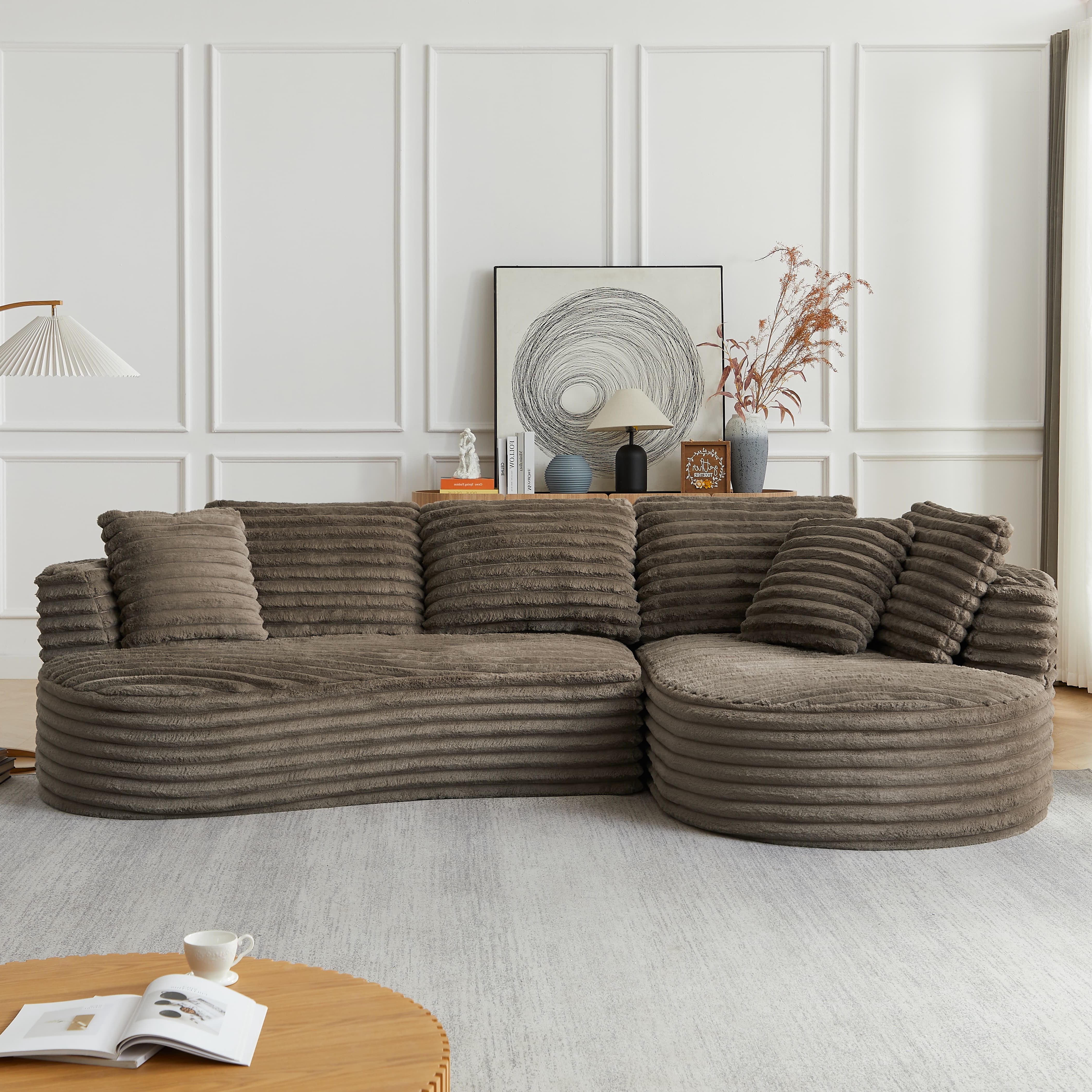 MAYEERTY 120.9" Brown Corduroy Curved L Modular Sectional Sofa, Pocket Spring No Assembly Couch for Living Room Reception
