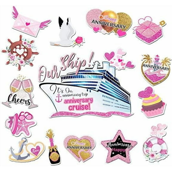 15 Pcs Anniversary Cruise Door Decorations Magnets Cruise Door Decor Fridge Magnet Stickers Decals Anniversary Sign for Honeymoon Party Refrigerator Car