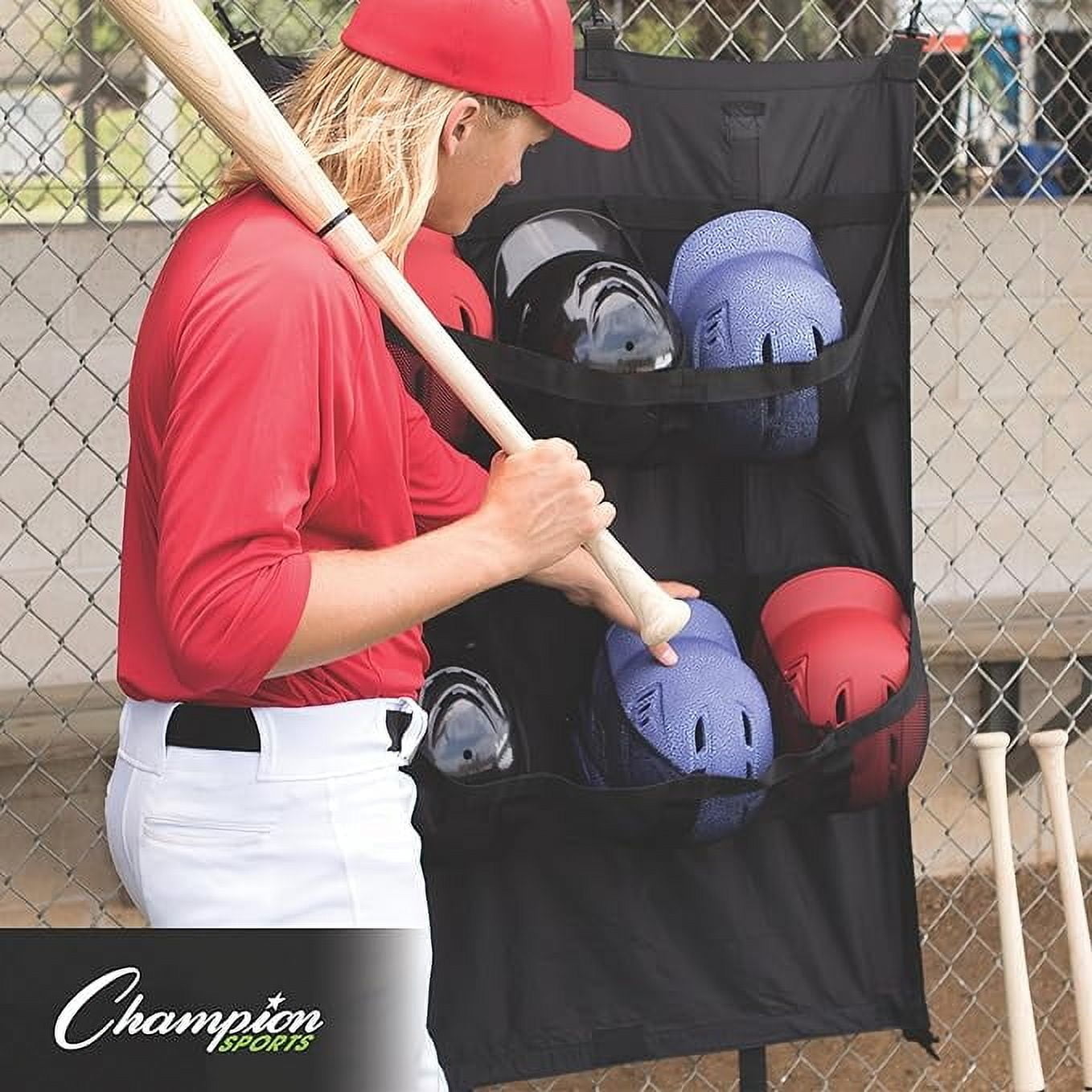 Champion Sports Heavy Duty Nylon Hanging/Folding Team Helmet Bag with Hanging Hooks and Carry Handle - Holds 12 Helmets