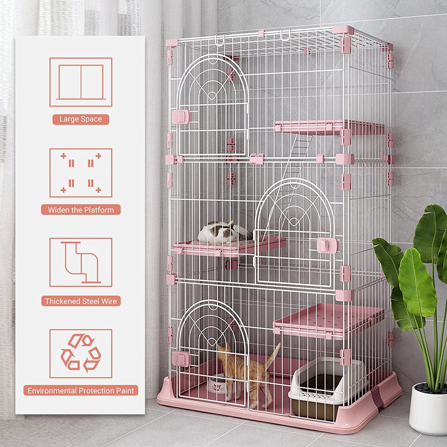 4-Tier Wire Cat Cage Playpen Kennel, 64 Inch Cat Catios Large Space for 1-3 Cats, Pink Cat Crate with 3 Platforms 3 Front Doors 2 Ramp Ladders