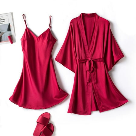 

MRULIC intimates for women Satin Silk Pajamas Women Nightdress Lingerie Robes Underwear Sleepwear Red + M