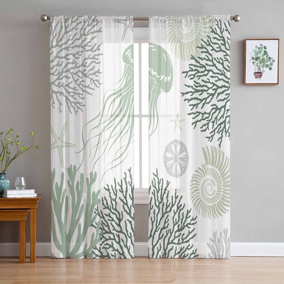 ERUNPONLY Sage Green Coastal Sheer Curtains 63 Inch Length 2 Panels Set, Coral Jellyfish Nautical Voile Window Treatment Rod Pocket Curtains Sheers Drapes for Bedroom/Living Room/Kitchen 52x"63"x2