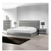 2PC California King Size Modern Bedroom Set, LED Light Platform Bed and Nightstand, Gray Lacquer Finish with Silver Base