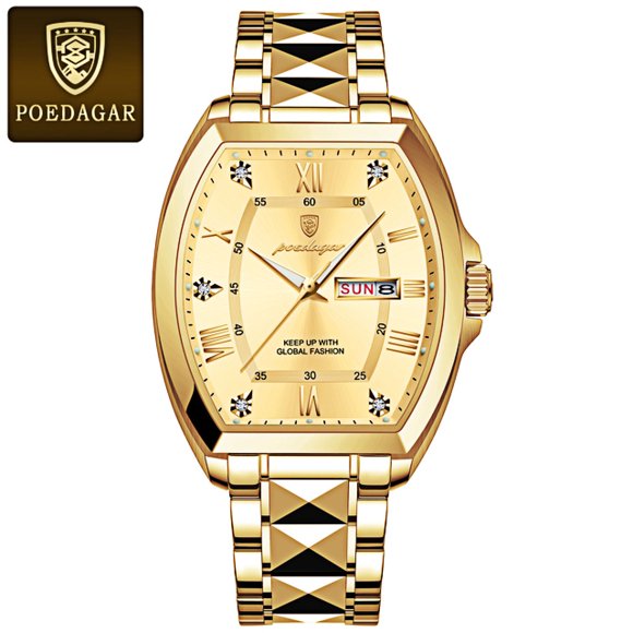 POEDAGAR Montre de Luxe pour Homme en Acier Inoxydable à Quartz Doré, Lumineuse, Étanche, avec Date, Boîtier Tonneau