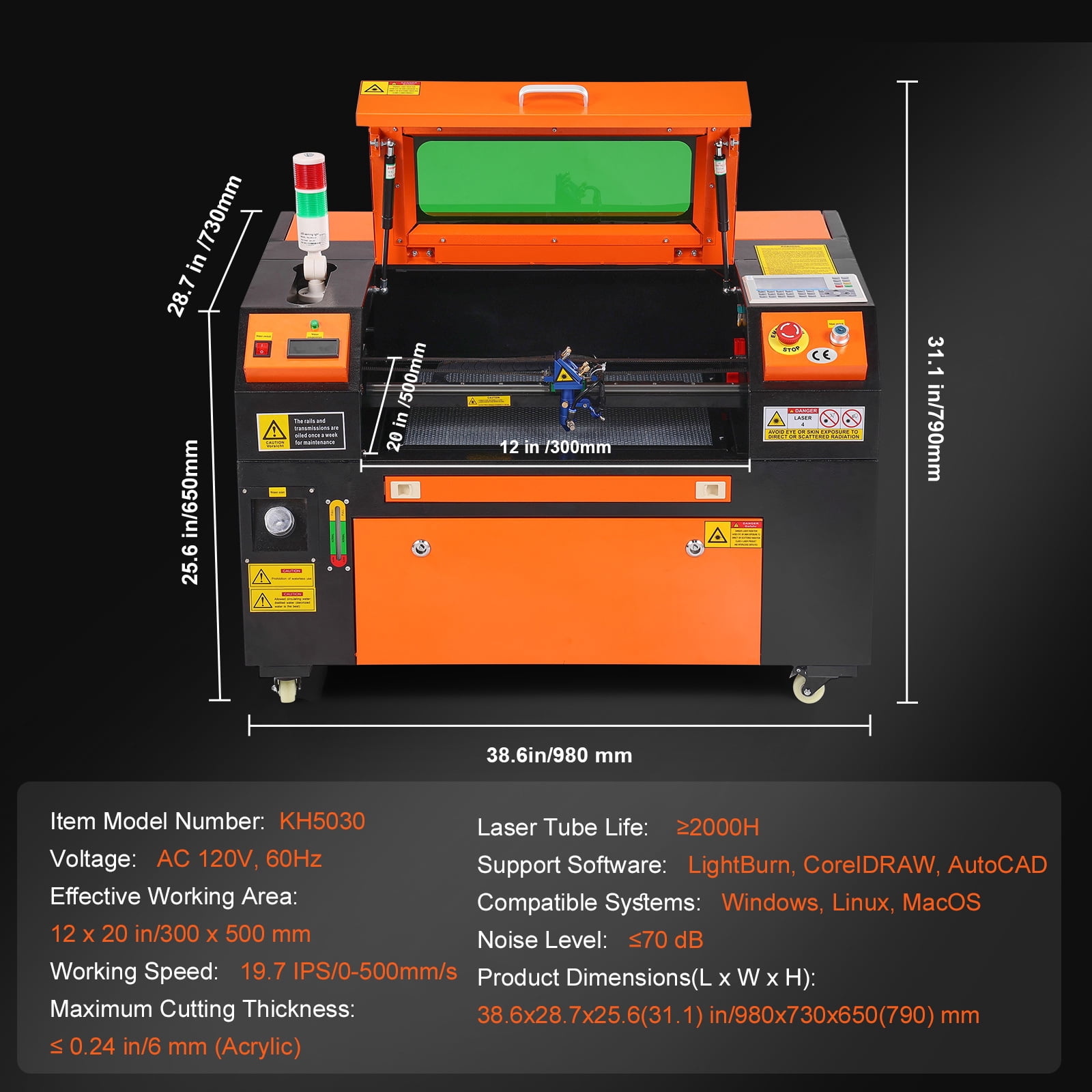 KFFKFF 50W CO2 Laser Etching Tool, 12 x 20 inches, 19.7 IPS Laser Slicing Device with Dual Direction Air Support, Syncs with LightBurn, CorelDRAW, AutoCAD, Windows, Mac OS, Linux
