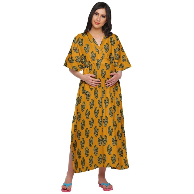 Moomaya Kimono Kaftan de Maternité en Coton pour Femmes Longue Robe Maxi Vêtements