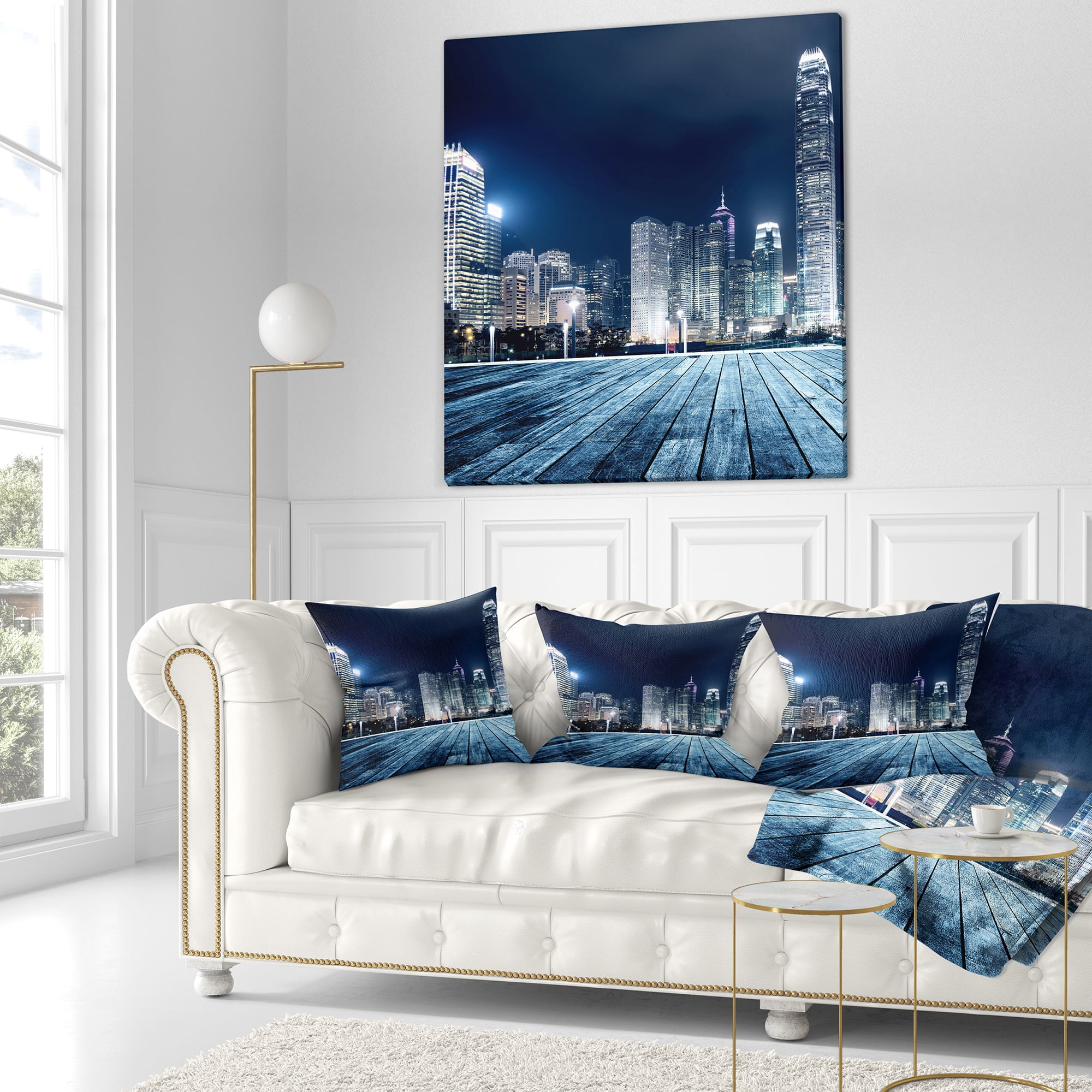 Designart Blue Hong Kong City Skyline - Cityscape Throw Pillow - 18x18
